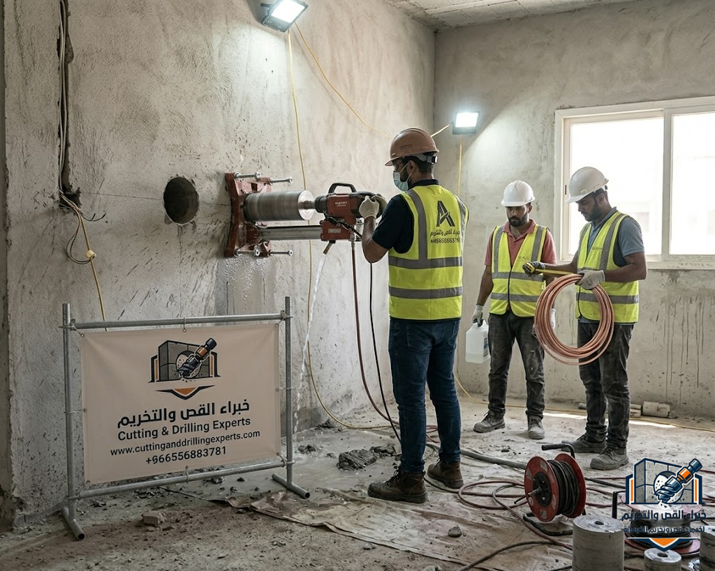فتح كور حي أم السلم جدة باستخدام الكور الماسي لتنفيذ فتحات المواسير والكهرباء والتهوية بدقة عالية بدون تكسير عشوائي